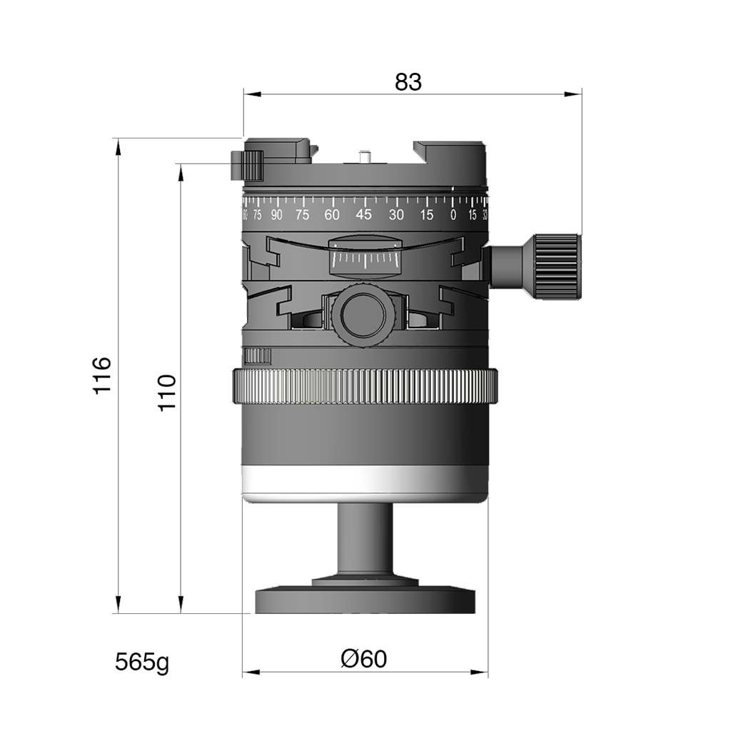 Illustration of ARCA-SWISS monoball p0+ Hybrid monoball®Fix tripod head with front view, featuring an inverted monoball® design, micrometric geared controls, a friction + control lock and top panning with detents at 90° intervals. From ARCA-SWISS USA.  SKU: 801227