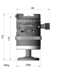 Illustration of ARCA-SWISS monoball p0+ Hybrid monoball®Fix tripod head with front view, featuring an inverted monoball® design, micrometric geared controls, a friction + control lock and top panning with detents at 90° intervals. From ARCA-SWISS USA. SKU: 801227
