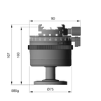 Illustration of ARCA-SWISS monoball® p1+ Classic tripod head with side view, featuring a larger aspheric ball, inverted monoball® design, friction + control lock and top panning. From ARCA-SWISS USA. SKU: 801207