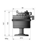 Illustration of ARCA-SWISS monoball® p1+ flipLock® tripod head with side view, featuring a larger aspheric ball, inverted monoball® design, friction + control lock and top panning. From ARCA-SWISS USA. SKU: 801208