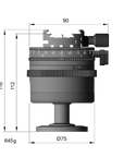 Illustration of ARCA-SWISS monoball® p1+ clicPan® Classic tripod head with front view, featuring low profile variable interval rotator, patented aspheric monoball®, three locking mechanisms, 90° tilt and 360° top panning. From ARCA-SWISS USA. SKU: 801157