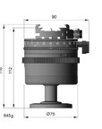 Illustration of ARCA-SWISS monoball® p1+ clicPan® flipLock® tripod head with side view, featuring low profile variable interval rotator, patented aspheric monoball®, three locking mechanisms, 90° tilt and 360° top panning. From ARCA-SWISS USA. SKU: 801158