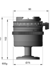 Illustration of ARCA-SWISS monoball® p1+ clicPan® monoball®Fix tripod head with side view, featuring low profile variable interval rotator, patented aspheric monoball®, three locking mechanisms, 90° tilt and 360° top panning. From ARCA-SWISS USA. SKU: 801156