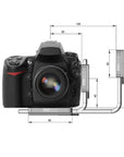 ARCA-SWISS L-Bracket Classic Universal. Facilitates quick change in orientation while keeping the camera centered over the tripod head. Two sliding plates - one long camera base plate and one short vertical arm plate, both with quick release locking levers. Universal design for use with Canon, Nikon and Fuji GFX 505 cameras. Anti-twist pin with pinhole registration positions. From ARCA-SWISS USA. SKU: 802306