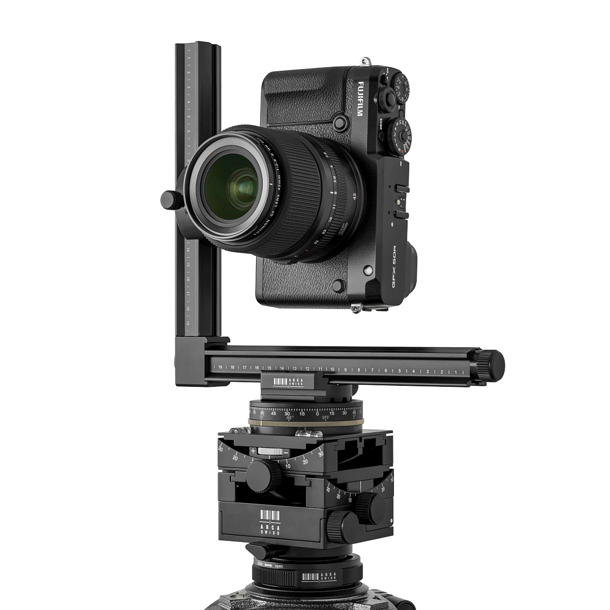 Motion gif of ARCA-SWISS C1 Cube cp geared tripod head with Classic quick release, with Pan System Pro and nodal rail. Featuring gear-driven, self-locking micro-metric controls. From ARCA-SWISS USA. SKU: 8501503.1