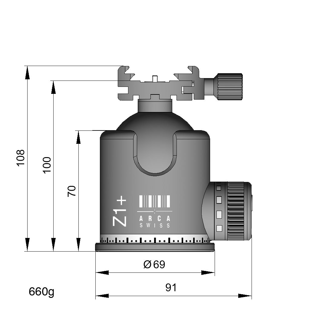Illustration of ARCA-SWISS monoball® Z1+ sp Classic tripod head with front view, featuring an aspherical ball design, axial clamping, progressive motion and gravity friction control.  From ARCA-SWISS USA.  SKU: 801103