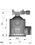 Illustration of ARCA-SWISS monoball® Z1+ sp Classic tripod head with front view, featuring an aspherical ball design, axial clamping, progressive motion and gravity friction control. From ARCA-SWISS USA. SKU: 801103