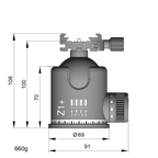 Illustration of ARCA-SWISS monoball® Z1+ sp Classic tripod head with front view, featuring an aspherical ball design, axial clamping, progressive motion and gravity friction control. From ARCA-SWISS USA. SKU: 801103