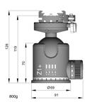 Illustration of ARCA-SWISS monoball® Z1+ dp flipLock® tripod head with front view, featuring an aspherical ball design, axial clamping, progressive motion and gravity friction control. From ARCA-SWISS USA. SKU: 801124