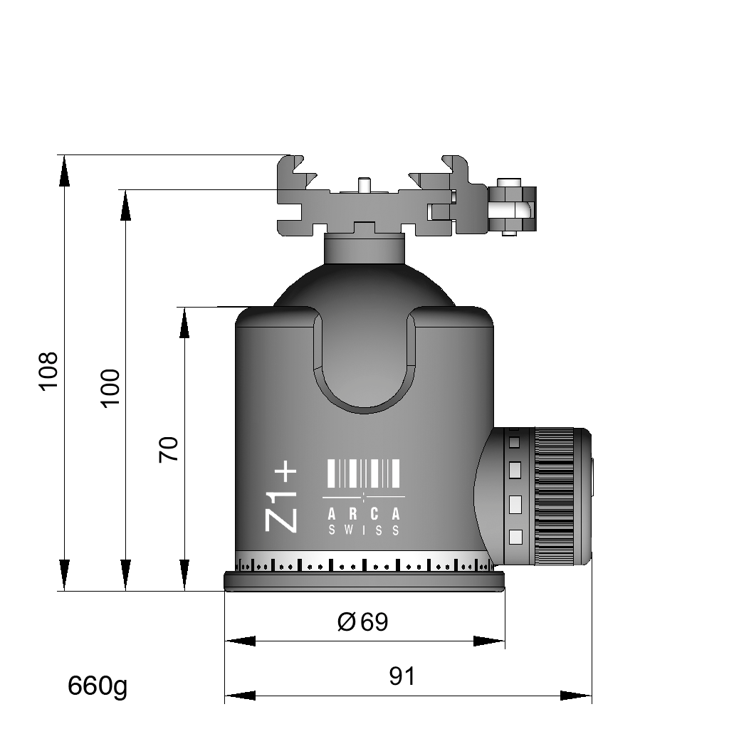 Illustration of ARCA-SWISS monoball® Z1+ sp flipLock® tripod head with front view, featuring an aspherical ball design, axial clamping, progressive motion and gravity friction control.  From ARCA-SWISS USA.  SKU: 801104