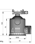 Illustration of ARCA-SWISS monoball® Z1+ sp flipLock® tripod head with front view, featuring an aspherical ball design, axial clamping, progressive motion and gravity friction control. From ARCA-SWISS USA. SKU: 801104