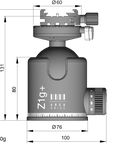Illustration of ARCA-SWISS monoball® Z1g+ dp Classic tripod head with front view, featuring an aspherical ball design, axial clamping, progressive motion and gravity friction control. From ARCA-SWISS USA. SKU: 801123