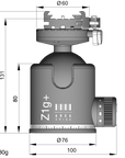 Illustration of ARCA-SWISS monoball® Z1g+ dp flipLock® tripod head with front view, featuring an aspherical ball design, axial clamping, progressive motion and gravity friction control. From ARCA-SWISS USA. SKU: 801124