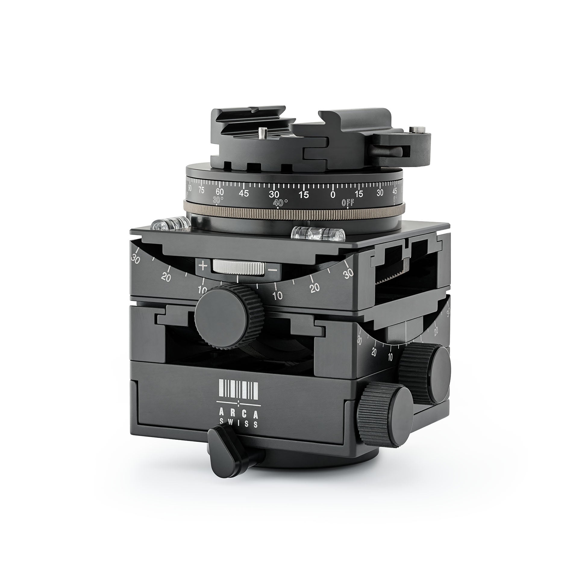 Photo of ARCA-SWISS C1 Cube cp geared tripod head with flipLock® quick release, front 1/4 view photograph in zeroed position. Featuring gear-driven, self-locking micro-metric controls. From ARCA-SWISS USA. SKU: 8501500.1