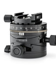 Photo of ARCA-SWISS Core 75 Leveler clicPan® tripod head with quartering view, featuring a panoramic interval rotator, base and top panning, and micro-metric movements of +/- 15° in the X/Y axes. From ARCA-SWISS USA. SKU: 860152