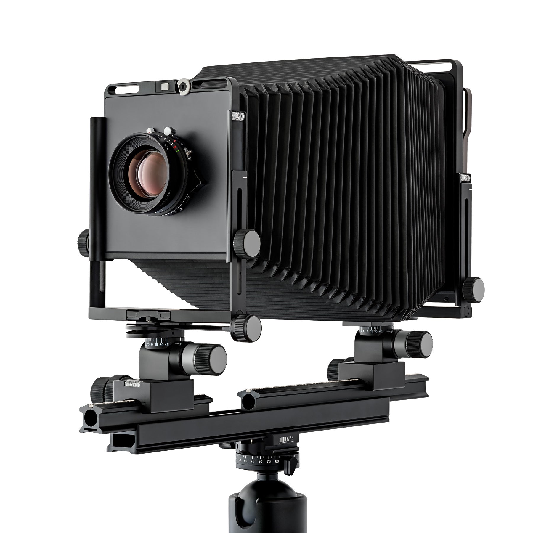 Photo of ARCA-SWISS F-Classic 5x7 View Camera with quartering view, featuring base tilt and ARCA-SWISS Micro-Orbix® tilt. From ARCA-SWISS USA. SKU: 012157-OC
