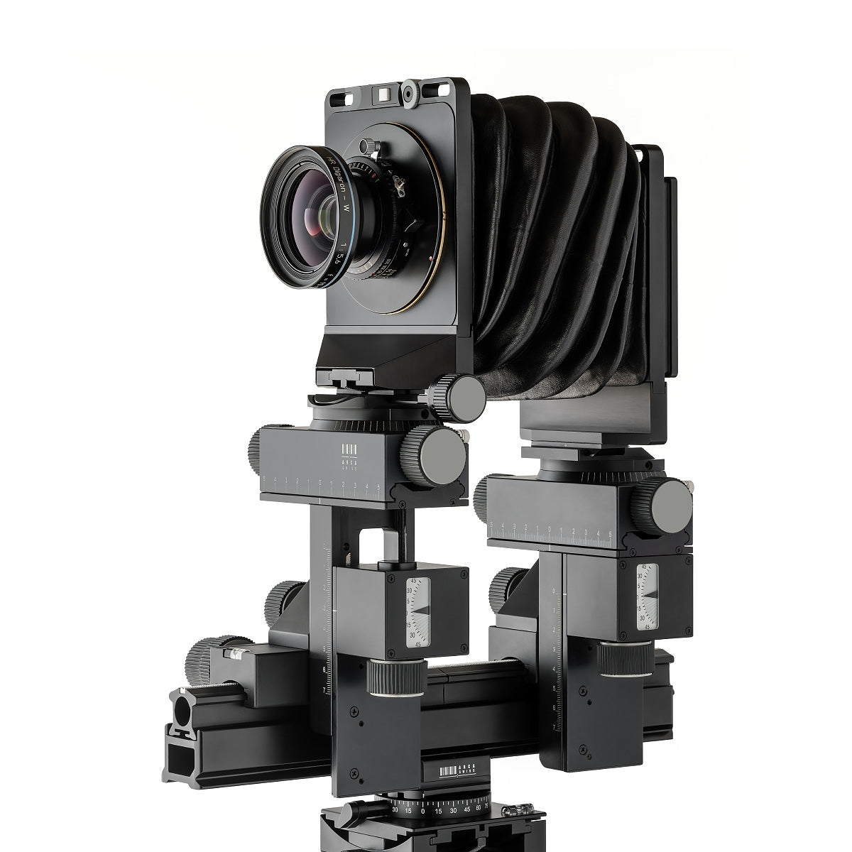 Photo of ARCA-SWISS M-Monolith 6X9 View Camera with quartering view, featuring tri-axial yaw-free movements, telescoping optical bench, base tilt and and ARCA-SWISS Micro-Orbix® tilt. From ARCA-SWISS USA. SKU: 014169-OC
