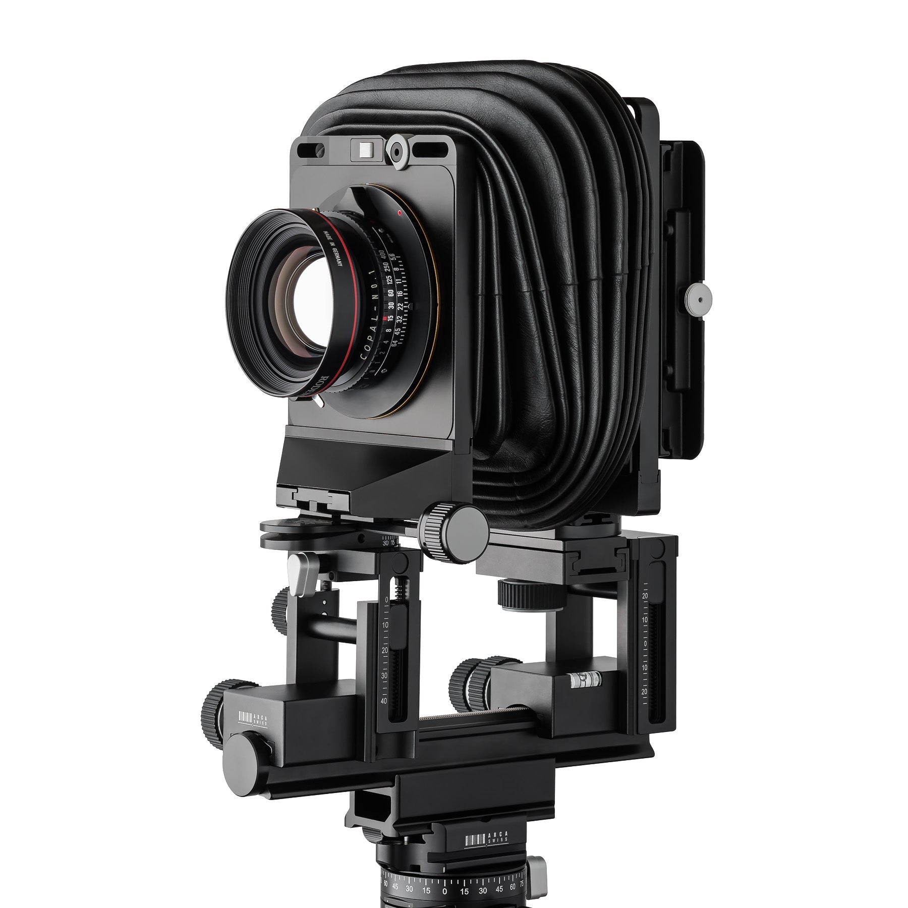 Photo of ARCA-SWISS F-Universalis 4x5 View Camera with quartering view, featuring modular configuration, expandable optical bench and ARCA-SWISS Micro-Orbix® tilt. From ARCA-SWISS USA. SKU: 019145-OC