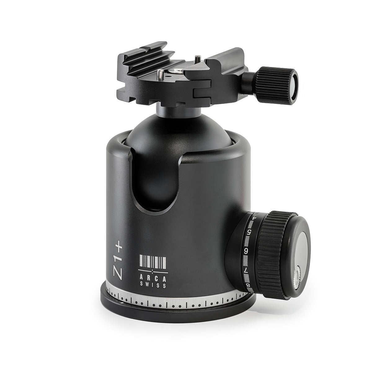 Photo of ARCA-SWISS monoball® Z1+ sp tripod head with quartering view, featuring an aspherical ball design, axial clamping, progressive motion and gravity friction control.  From ARCA-SWISS USA.  SKU: 801103