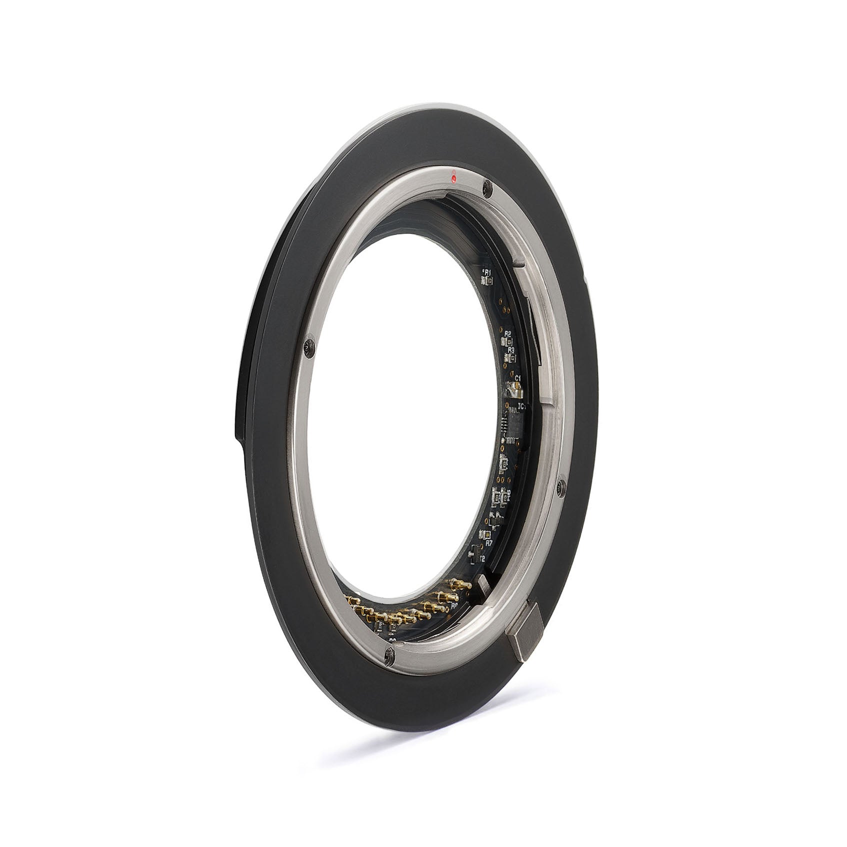 Arca-Swiss Pico bayonet mount lens board for Contax 645 lenses showing electronic interface for aperture control.