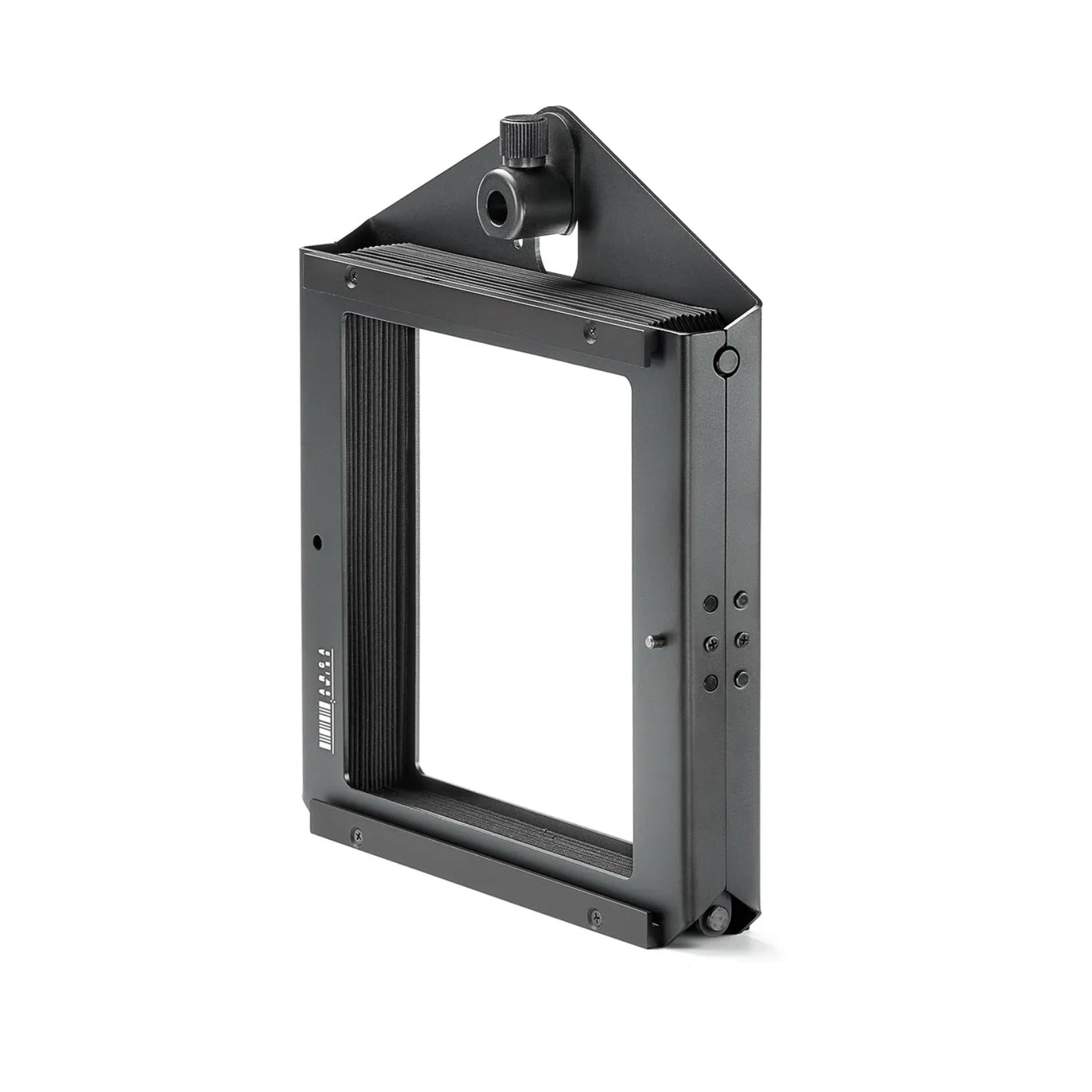 Arca-Swiss multi-format compendium lens hood collapsed flat with compendium rod removed.