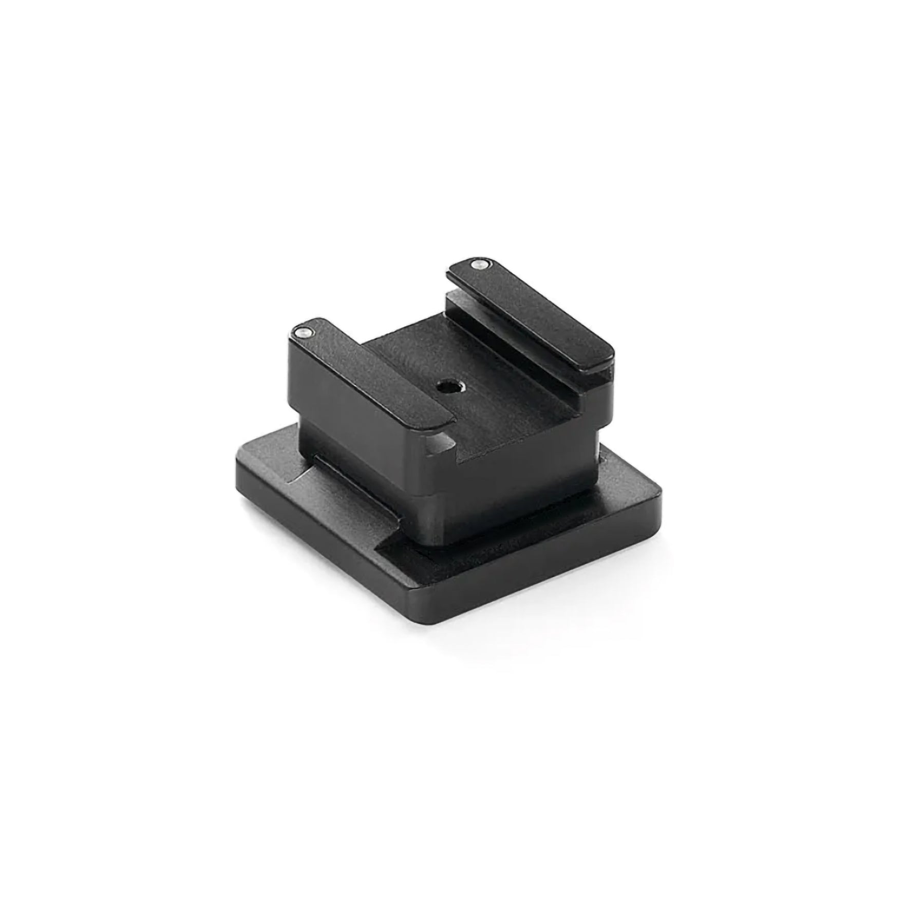 Black cold shoe mounting bracket on a white background