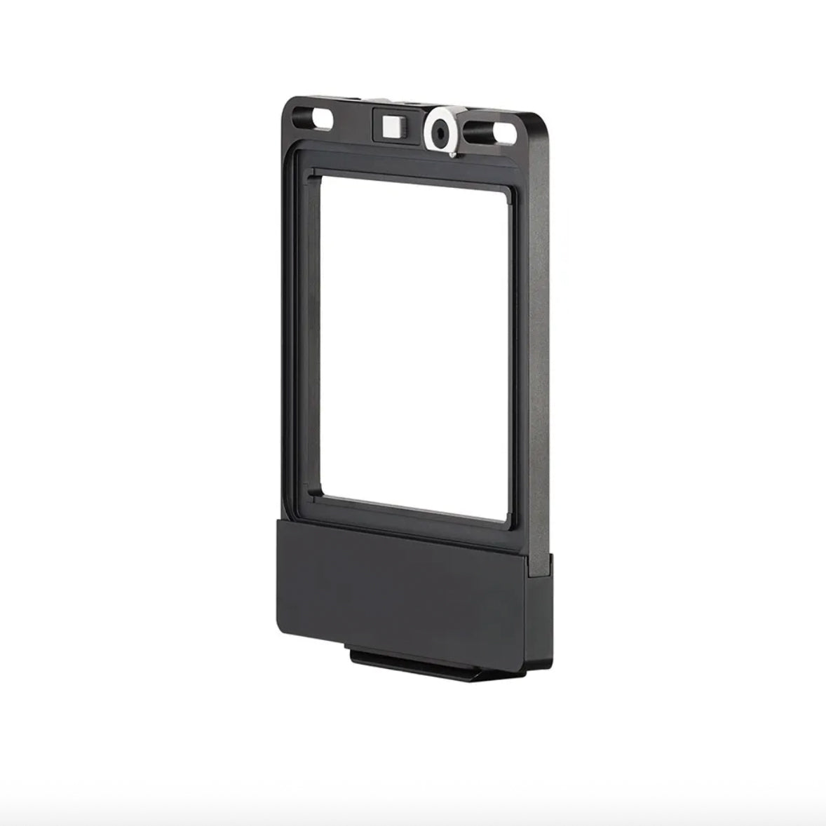 The Universalis rear format frame camera part made of black anodized aluminum and fast-lock mechanism.