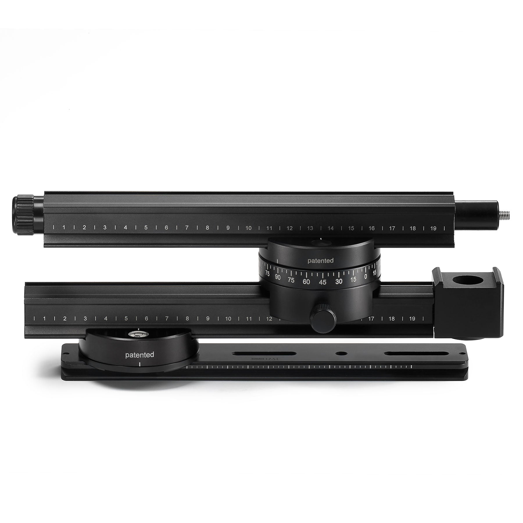 Profile view of ARCA-SWISS Pan System Pro panoramic accessory collapsed for travel, with nodal rail attached.