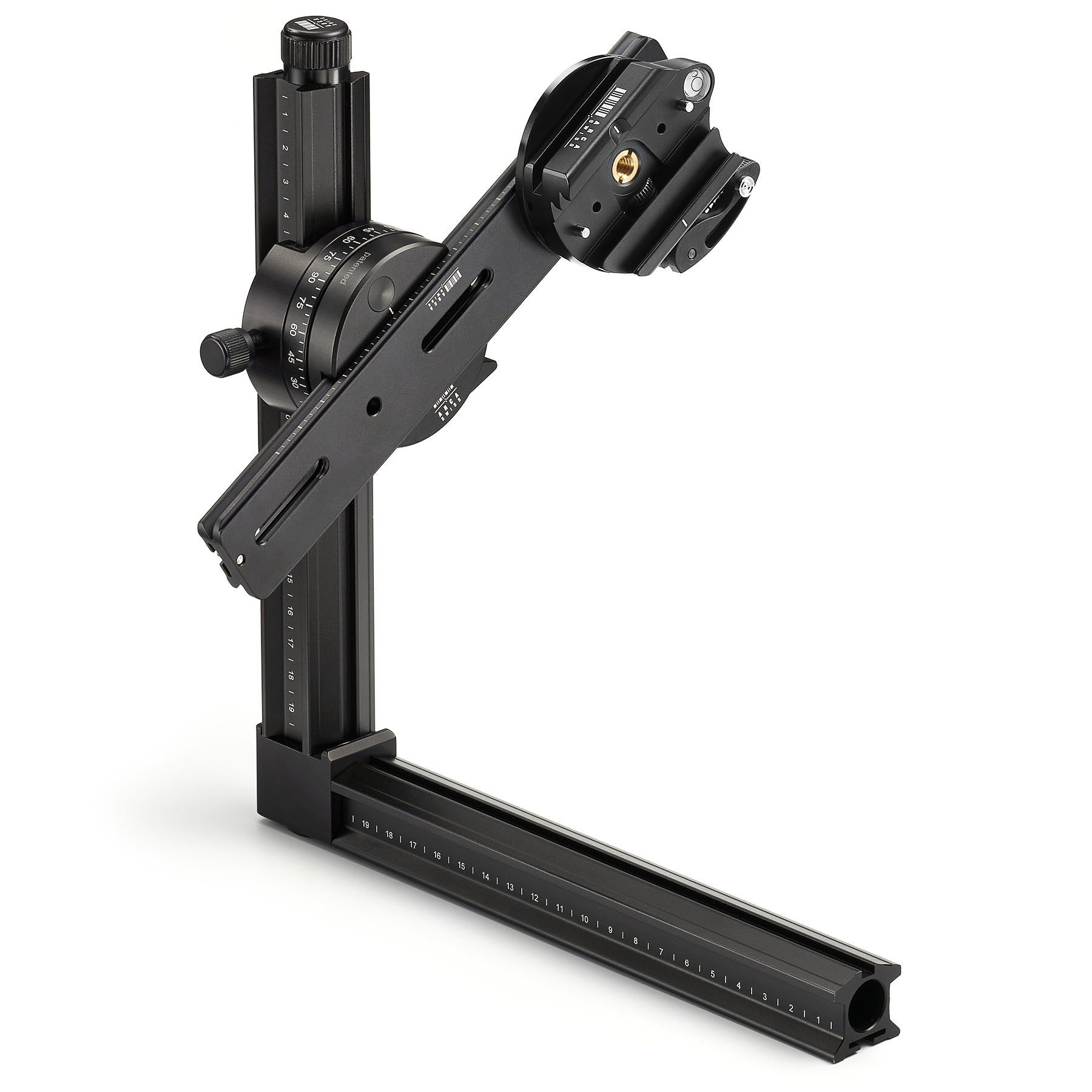 3/4 view of ARCA-SWISS Pan System Pro panoramic accessory with flipLock quick release nodal rail.