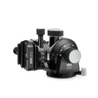 Photo of ARCA-SWISS D4 gp geared tripod head with Classic quick release, side view tilted 90 degrees. Featuring geared panning. From ARCA-SWISS USA.  SKU: 870113