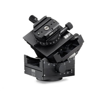 Arca-Swiss C1 Cube gp tripod head, with classic quick release, side view photograph, showing 30 degrees of tilt on the geared panning model 8501303.1