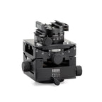 Photo of ARCA-SWISS C1 Cube gp geared tripod head with flipLock® quick release, quartering view showing 30 degrees of tilt in each axis. Featuring gear-driven, self-locking micro-metric controls. From ARCA-SWISS USA.  SKU:  8501300.1