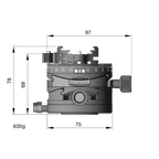 Illustration of ARCA-SWISS Core 75 Leveler geared tripod head with flipLock® quick release dimensions, front view, featuring base and top panning, and micro-metric movements of +/- 15° in the X/Y axes. From ARCA-SWISS USA. SKU: 860113