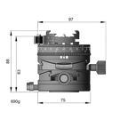 Illustration of ARCA-SWISS Core 75 Leveler clicPan® flipLock® tripod head dimensions with front view, featuring a panoramic interval rotator, base and top panning, and micro-metric movements of +/- 15° in the X/Y axes. From ARCA-SWISS USA. SKU: 860153