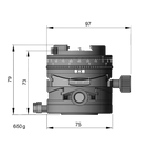 Illustration of ARCA-SWISS Core 75 Leveler clicPan® tripod head Classic dimensions with front view, featuring a panoramic interval rotator, base and top panning, and micro-metric movements of +/- 15° in the X/Y axes. From ARCA-SWISS USA. SKU: 860152