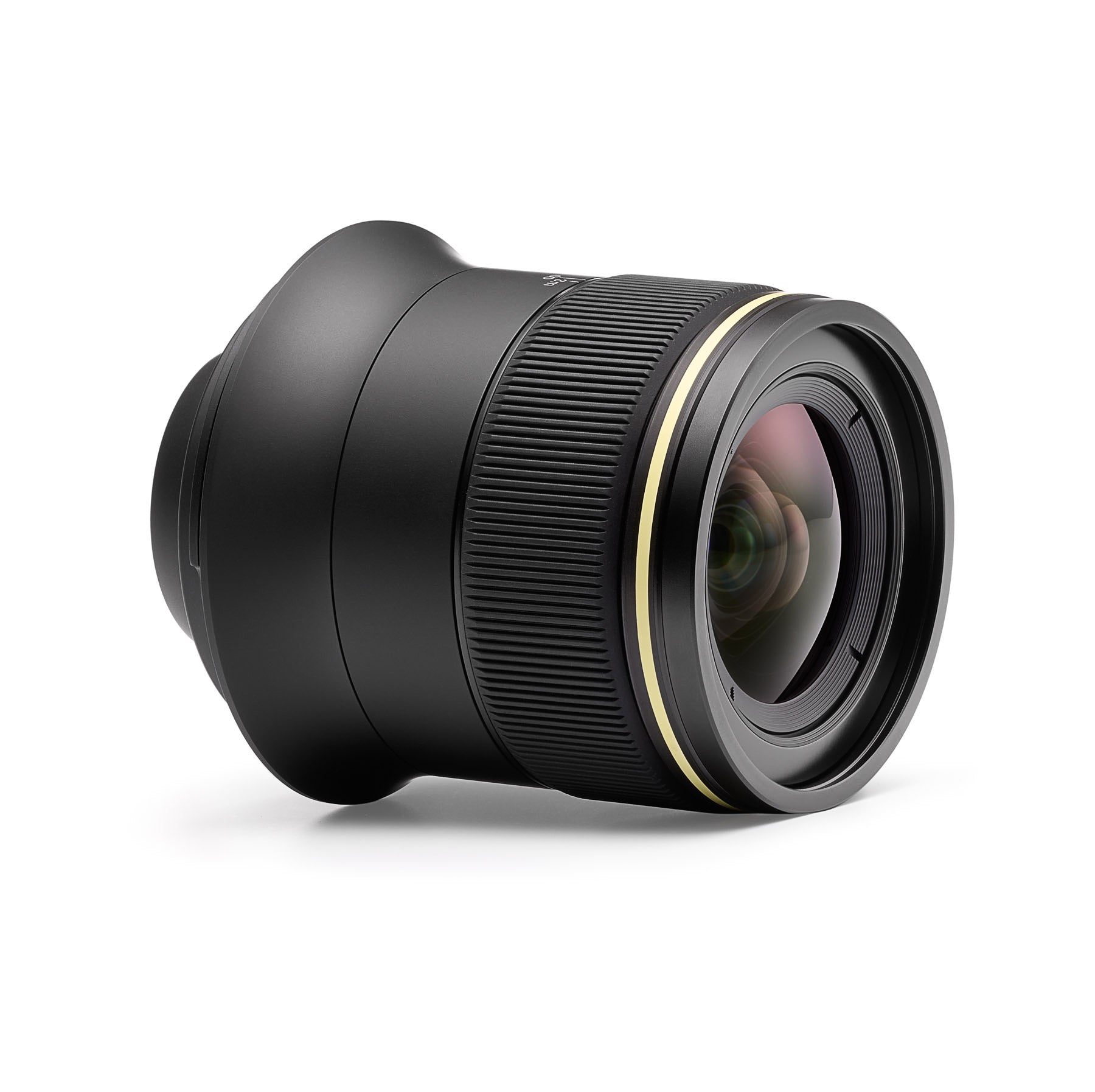 ARCA 30 mm black lens with gold band  viewed on its side showing front element and filter ring.