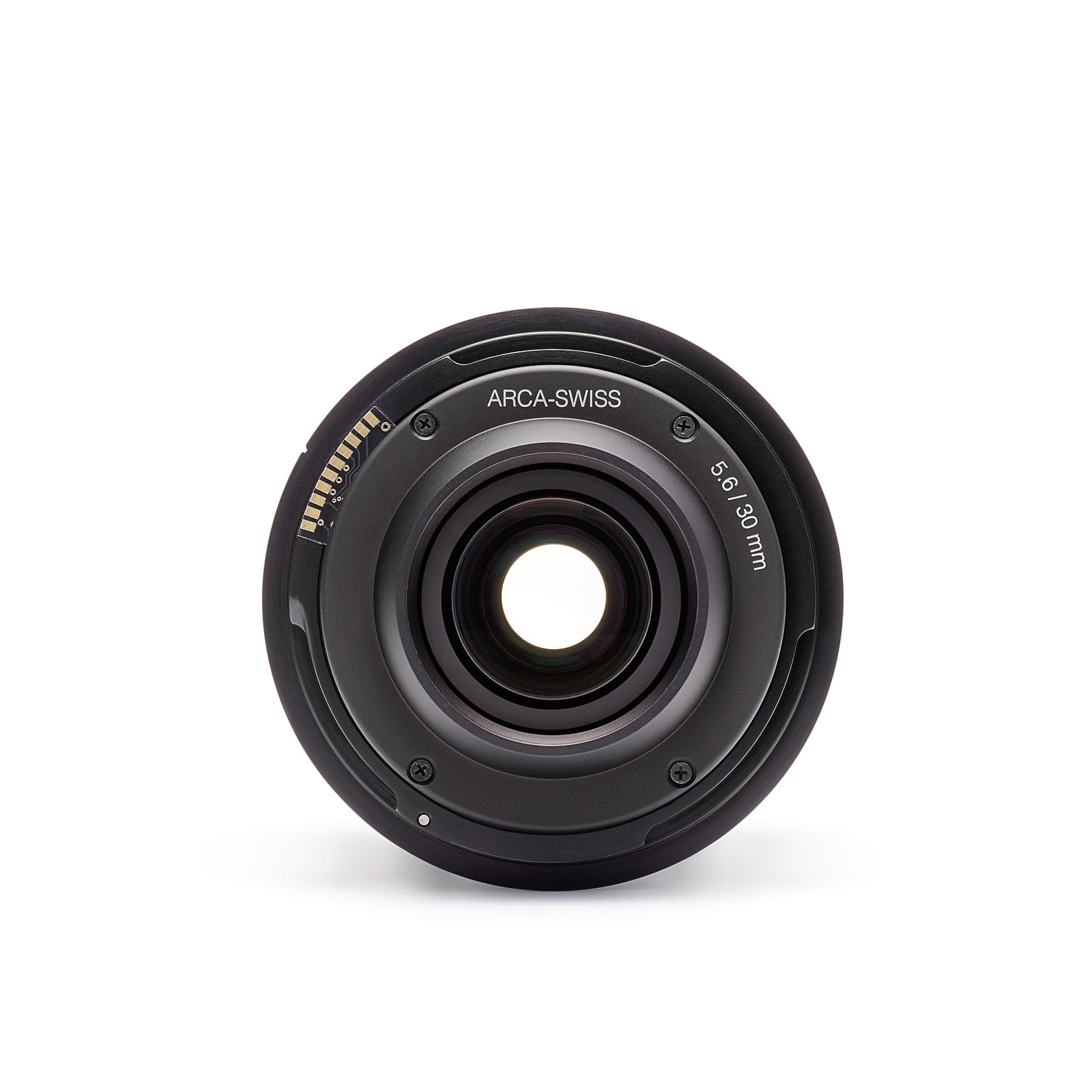 ARCA 30 lens, view of the rear side showing lens designation 30 mm &amp; 5.6 with gold contact array.