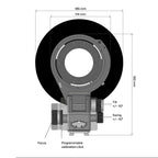 Illustration of ARCA-SWISS Pico View Camera for mirrorless digital cameras with front view, showing dimensions. From ARCA-Swiss USA.
