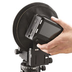 Photo of ARCA-SWISS Pico view camera, 3/4 view wit hand rotating Phase One digital back on the rear mount adapter. From ARCA-SWISS USA.  SKU:  010225