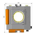 Illustration of ARCA-SWISS RL3di Technical Camera dimensions with front view, featuring a modular and expandable system, geared axis tilt built into the camera body, a helical focusing mechanism and smooth positive friction. From ARCA-SWISS USA. SKU: 017045.1