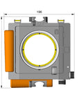 Illustration of ARCA-SWISS Rm3di Technical Camera dimensions with front view, featuring an award winning technical camera, a modular and expandable system, geared axis tilt built into the camera body and a helical focusing mechanism. SKU: 017069.1