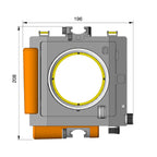 Illustration of ARCA-SWISS Rm3di Technical Camera dimensions with front view, featuring an award winning technical camera, a modular and expandable system, geared axis tilt built into the camera body and a helical focusing mechanism. From ARCA-SWISS USA. SKU: 017069.1