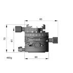Illustration of ARCA-SWISS Core 60 Leveler geared tripod head Classic with front view, featuring base and top panning and micro-metric movements of +/- 10° in the X/Y axes. From ARCA-SWISS USA. SKU: 860102