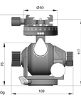 Illustration of ARCA-SWISS D4 geared tripod head with Classic quick release, with specifications for height, width, and weight. Featuring manual and geared movements, and dual panning mechanisms. From ARCA-SWISS USA.  SKU: 870103