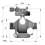 Illustration of ARCA-SWISS D4 geared tripod head with Classic quick release, with specifications for height, width, and weight. Featuring manual and geared movements, and dual panning mechanisms. From ARCA-SWISS USA.  SKU: 870103