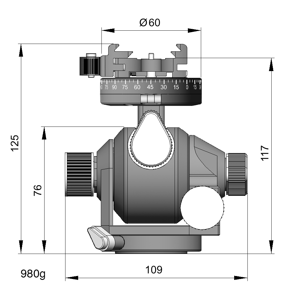 Arca-Swiss D4 geared tripod head with flipLock quick release, illustration with specifications for height, width, and weight, model 870104
