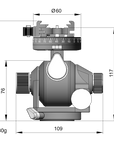 Illustration of ARCA-SWISS D4 geared tripod head with flipLock quick release, with specifications for height, width, and weight. Featuring manual and geared movements, and dual panning mechanisms. From ARCA-SWISS USA.  SKU: 870104