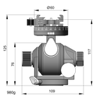 Illustration of ARCA-SWISS D4 geared tripod head with flipLock® quick release, with specifications for height, width, and weight. Featuring manual and geared movements, and dual panning mechanisms. From ARCA-SWISS USA.  SKU: 870104