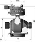 Illustration of ARCA-SWISS D4 gp geared tripod head with Classic quick release, with specifications for height, width, and weight.  Featuring geared panning. From ARCA-SWISS USA.  SKU: 870113