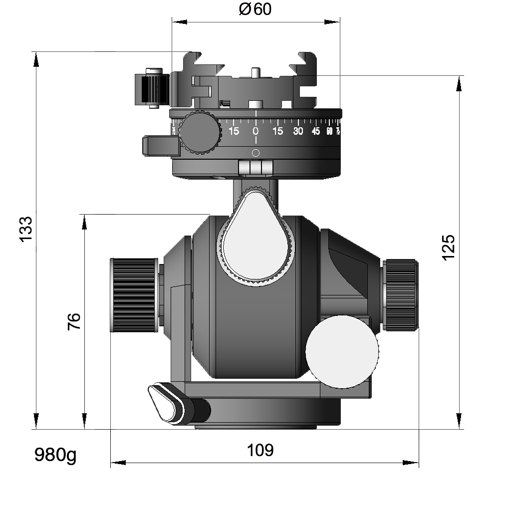 Arca-Swiss D4 gp geared tripod head with flipLock quick release, illustration with specifications for height, width, and weight, geared panning model 870114